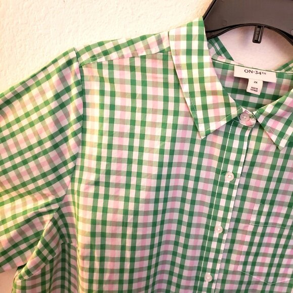 On 34th Gingham Green & Pink 100% Cotton Long Sleeve Button Up Size 2X NWT - Picture 3 of 9